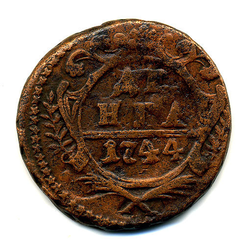 Старинная русская медная монета Деньга 1744 г