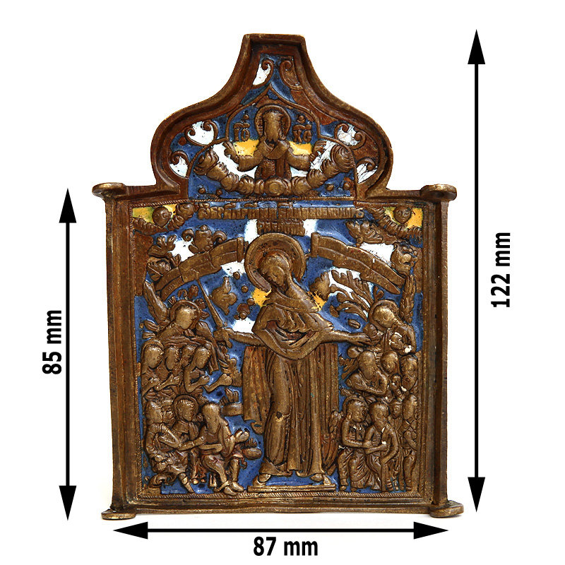 Красивая икона-средник большого старинного бронзового складня Богородица Всем Скорбящим Радости. Россия 1730-1780 год