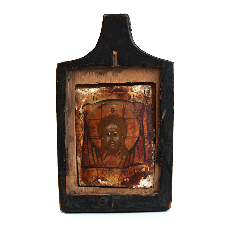 Старинная деревянная миниатюрная иконка Спас Нерукотворный в деревянном киотике. Россия 1860-1890 год