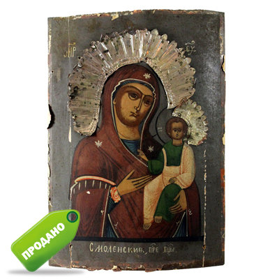 Старинная деревянная икона Смоленская Божия Матерь на щепе. Россия, XIX век.