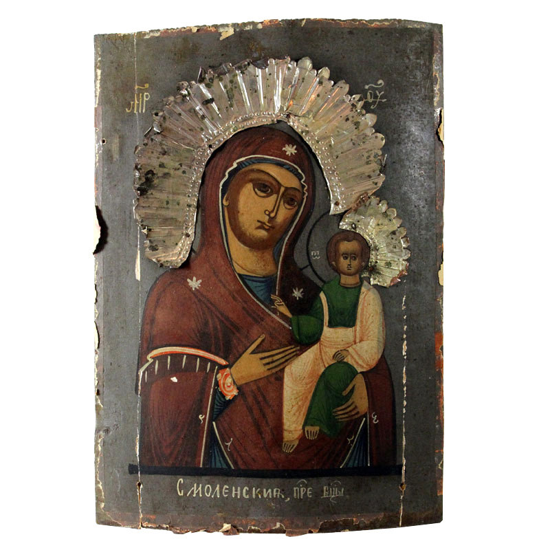 Старинная деревянная икона Смоленская Божия Матерь на щепе. Россия, XIX век.