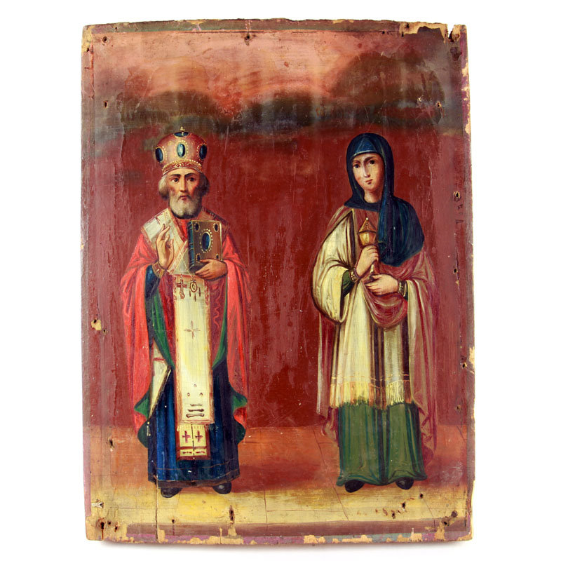 Старинная деревянная икона святой Николай Чудотворец и святая Мария. Россия, XIX век.