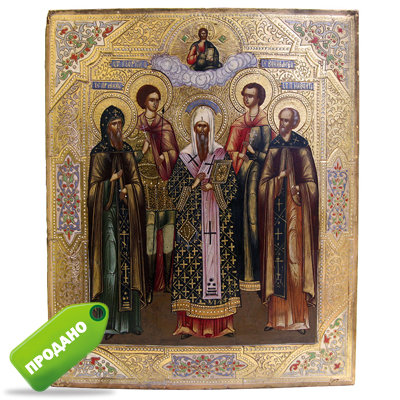 Старинная икона на золоте Избранные святые: Георгий, Мина, Алексий, Вонифатий и Мина. Россия, Мстера XIX век.
