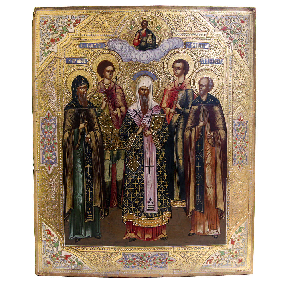 Старинная икона на золоте Избранные святые: Георгий, Мина, Алексий, Вонифатий и Мина. Россия, Мстера XIX век.