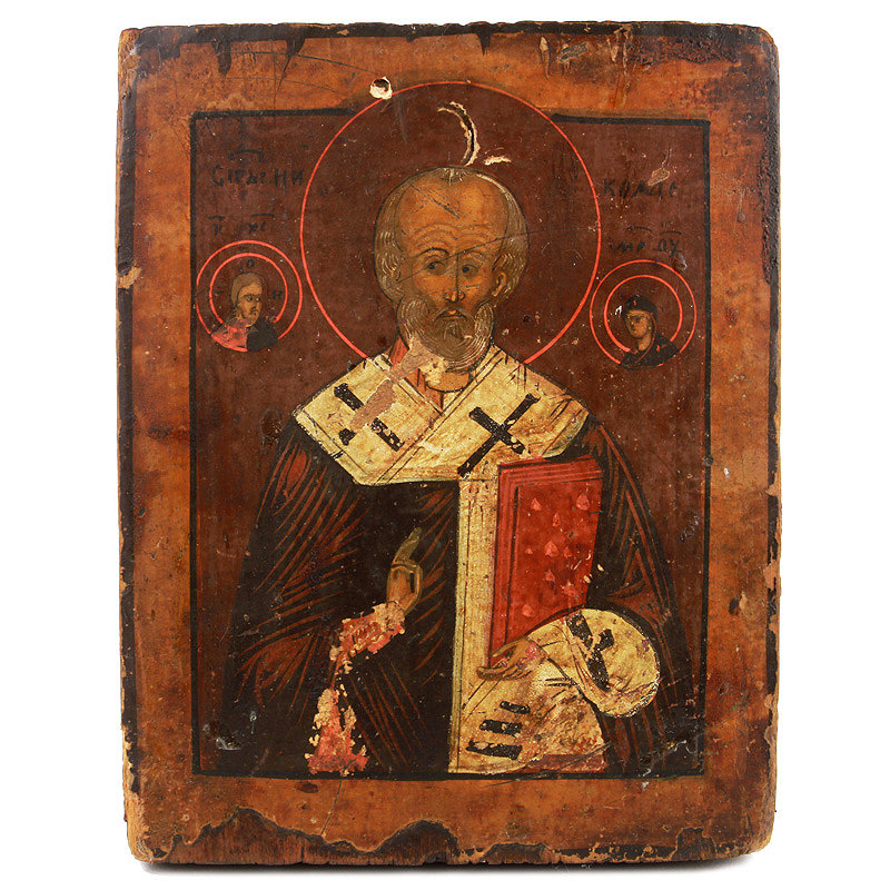 Старинная деревянная икона святой Николай Угодник. Россия, XIX век.