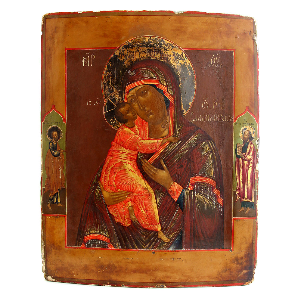 Старинная окладная деревянная икона Владимирской Божией Матери с приписными изображениями апостолов Петра и Павла. Россия 1860-1870 год
