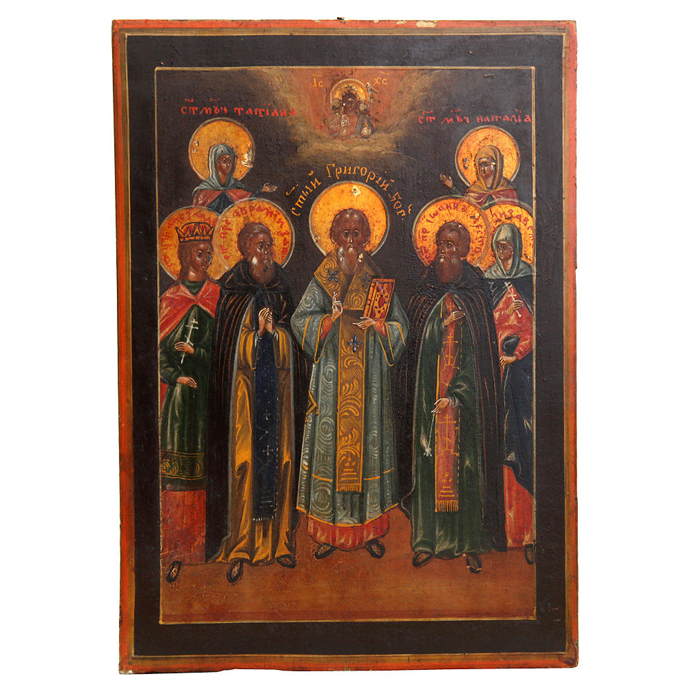 Старинная семейная именная  икона святые Григорий, Татьяна, Наталья, Елизавета, Александра и Иоанн. Россия июнь 1873 года.