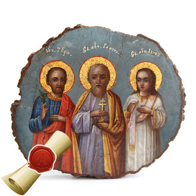 Старинная икона защитница семьи и дома. Святые хранители семейного счастья Гурий, Самон и Авив. Святая Земля, Иерусалим, 1880-1900 год