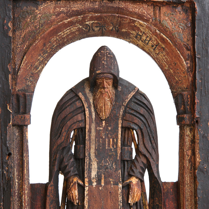Старинная резная икона-барельеф святой Преподобный Нил Столобенский. Россия, Осташковская обитель 1880-1900 год