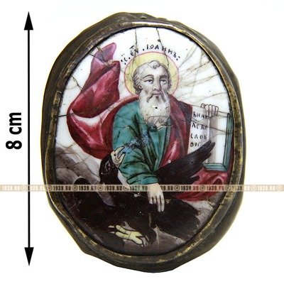 Крупная старинная накладная икона финифть. Святой евангелист Иоанн Богослов. Россия 1770-1790 год