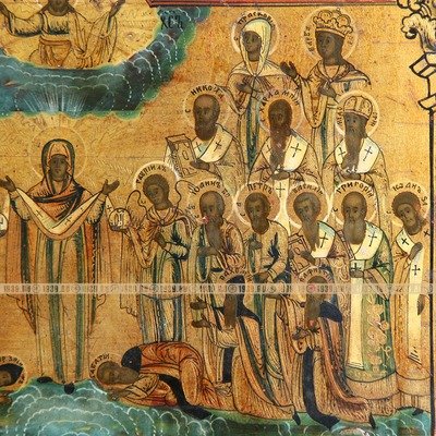 Старинная икона «Покров Пресвятой Богородицы» с подписанными 35 святыми. Россия, XIX век.