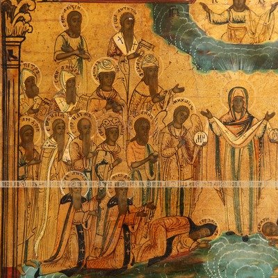 Старинная икона «Покров Пресвятой Богородицы» с подписанными 35 святыми. Россия, XIX век.
