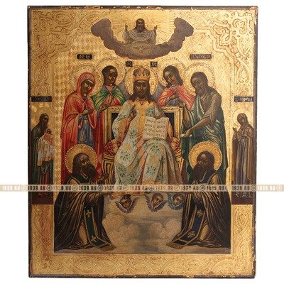 Старинная заказная икона Господь Вседержитель Тронный с предстоящими святыми. Россия, Ново-Иерусалимский монастырь, рубеж XIX-XX веков.