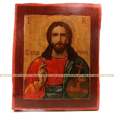 Старинная народная деревянная икона Спас Вседержитель, Спас Державный  «Спас Вседержитель Пантократор» из коллекции М.В. Сурова. Россия, XIX век.