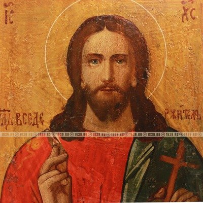 Старинная народная деревянная икона Спас Вседержитель, Спас Державный  «Спас Вседержитель Пантократор» из коллекции М.В. Сурова. Россия, XIX век.