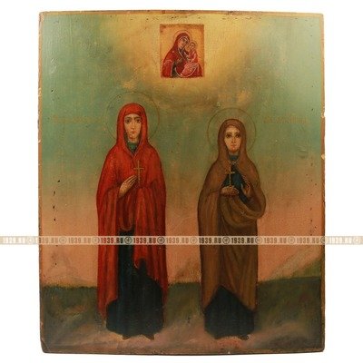 Старинная икона святая Агния Римская и святая Феодосия Константинопольская с образом Тихвинской Богородицы  из коллекции М.В. Сурова. Россия, XIX век.
