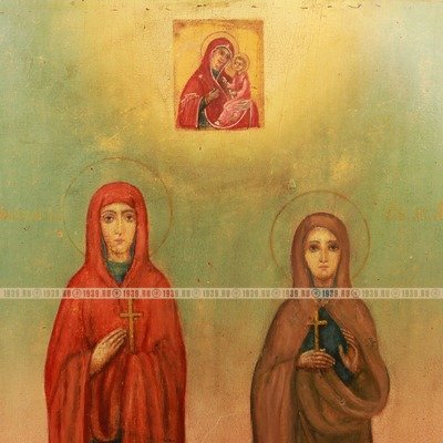 Старинная икона святая Агния Римская и святая Феодосия Константинопольская с образом Тихвинской Богородицы  из коллекции М.В. Сурова. Россия, XIX век.