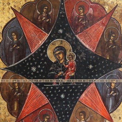 Старинная икона Божья Матерь Неопалимая Купина с приписными святыми на полях. Покровительница пожарных. Россия XIX век.