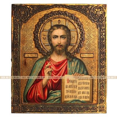 Большая старинная печатная икона Господь Вседержитель «Придите   ко  Мне, вси труждающиеся и обремененные, и Аз упокою вы». Россия, 