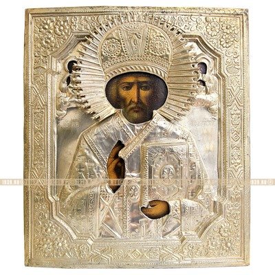 Большая старинная икона Святой Николай Чудотворец в красивом окладе. Россия XIX век.
