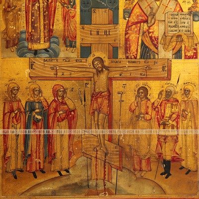 Красивый старинный домашний иконостас-икона Распятие Христово с Богородицей и Николой Угодником. Россия, Новозыбков XIX век.
