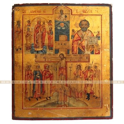 Красивый старинный домашний иконостас-икона Распятие Христово с Богородицей и Николой Угодником. Россия, Новозыбков XIX век.
