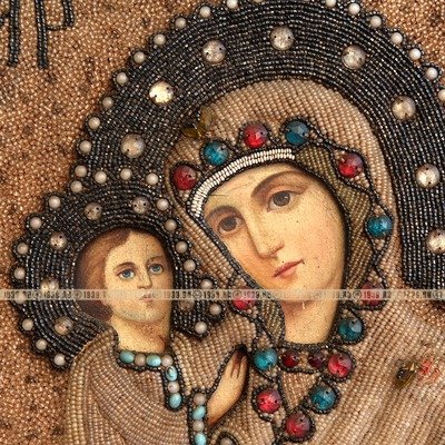 Редкая старинная икона Иерусалимская Божья Матерь в окладе расшитом бисером. Святая Земля, Елеонский монастырь 1906-1914 годы.