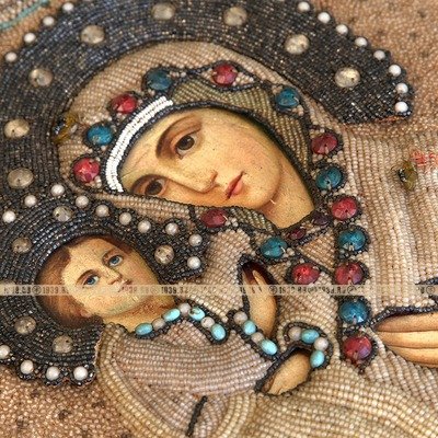 Редкая старинная икона Иерусалимская Божья Матерь в окладе расшитом бисером. Святая Земля, Елеонский монастырь 1906-1914 годы.