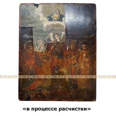 Старинная икона Святой Архангел Михаил с избранными святымии Флором и Лавром, Модестом и Власием. Россия 1760-1800 гг.
