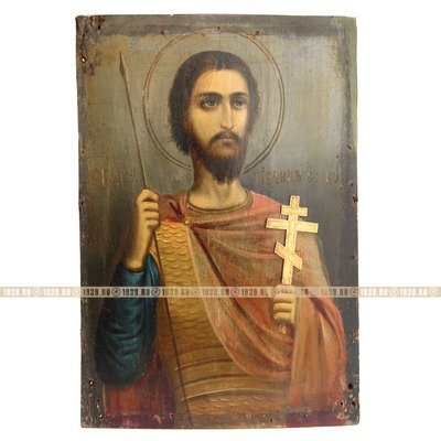 Старинная икона Святой Иоанн Воин с копьем и накладным крестом. Россия, Курская губерния XIX век.