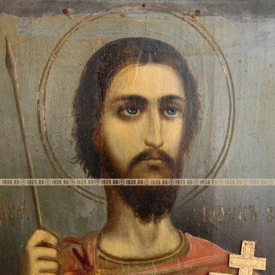 Старинная икона Святой Иоанн Воин с копьем и накладным крестом. Россия, Курская губерния XIX век.