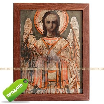 Старинная икона Ангела-Хранителя, хоругвь в темном багете. Россия XIX Век.