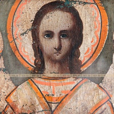 Старинная икона Ангела-Хранителя, хоругвь в темном багете. Россия XIX Век.