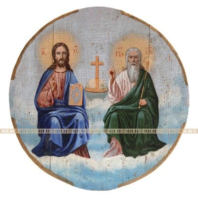 Старинная круглая икона Святая Троица Новозаветная или «Сопрестолие». Россия 1870-1880 год