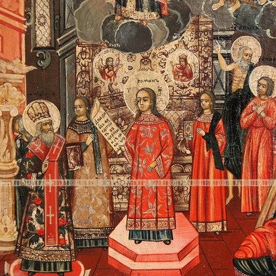 Старинная икона Покров Божией Матери в стиле «Екатерининское барокко». Россия, Кострома XVIII век.