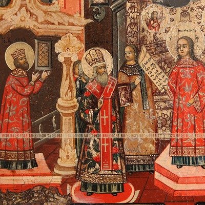 Старинная икона Покров Божией Матери в стиле «Екатерининское барокко». Россия, Кострома XVIII век.
