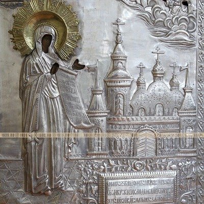 Старинная икона Боголюбской Божией Матери в посеребренном окладе. Россия XIX век.