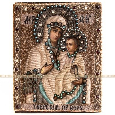 Редкая старинная икона Иверская Божья Матерь в окладе расшитом бисером. Святая Земля, Елеонский монастырь 1906-1914 годы.