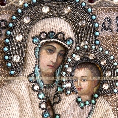 Редкая старинная икона Иверская Божья Матерь в окладе расшитом бисером. Святая Земля, Елеонский монастырь 1906-1914 годы.