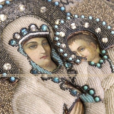 Редкая старинная икона Иверская Божья Матерь в окладе расшитом бисером. Святая Земля, Елеонский монастырь 1906-1914 годы.