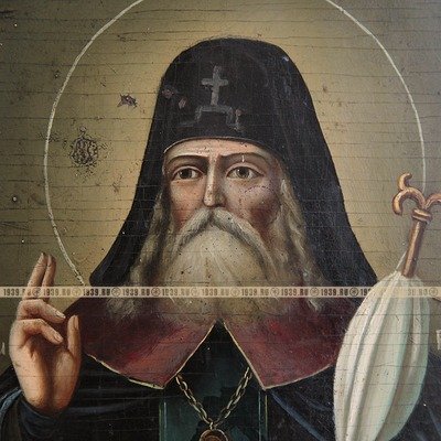 Старинная икона «Святитель Митрофан Воронежский». Покровитель Санкт-Петербурга. Россия, середина XIX века.