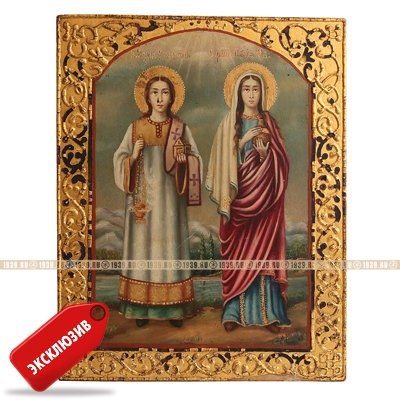 Старинная икона, защищающая от колдовства «Святая Мария Магдалина и Святой Стефан». Россия, конец XIX века.