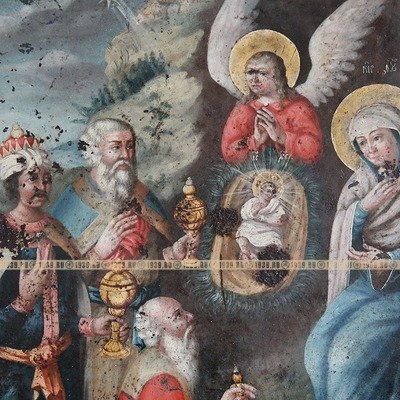 Редкая подписная икона уральского письма. «Рождество Христово» - «Успение Пресвятой Богородицы». Россия, Екатеринбург XVIII век.