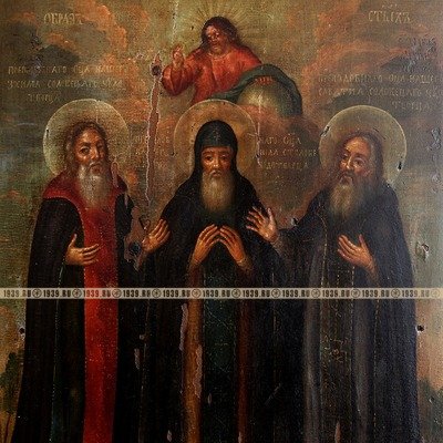 Старинная икона монастырского письма - Святой Нил Столобенский с Зосимой и Савватием Соловецкими. Россия, XVIII век.
