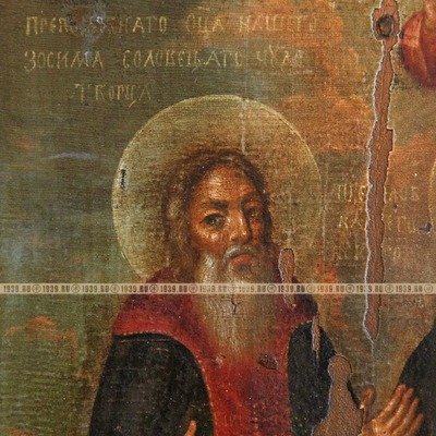 Старинная икона монастырского письма - Святой Нил Столобенский с Зосимой и Савватием Соловецкими. Россия, XVIII век.