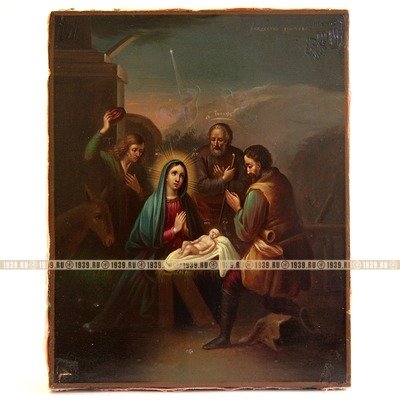 Красивейшая старинная икона Рождество Христово в позолоченном серебряном окладе. Россия, Москва 1860 год.