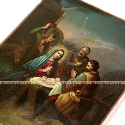 Красивейшая старинная икона Рождество Христово в позолоченном серебряном окладе. Россия, Москва 1860 год.