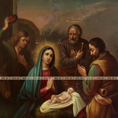 Красивейшая старинная икона Рождество Христово в позолоченном серебряном окладе. Россия, Москва 1860 год.