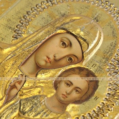 Старинная православная икона Казанской Божией Матери, печать на металле. Москва, 1895 год.
