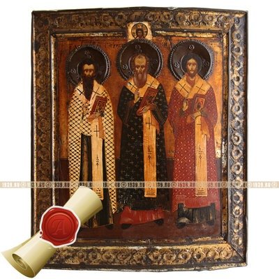 Старинная икона Три Вселенских Святителя и учителя, 